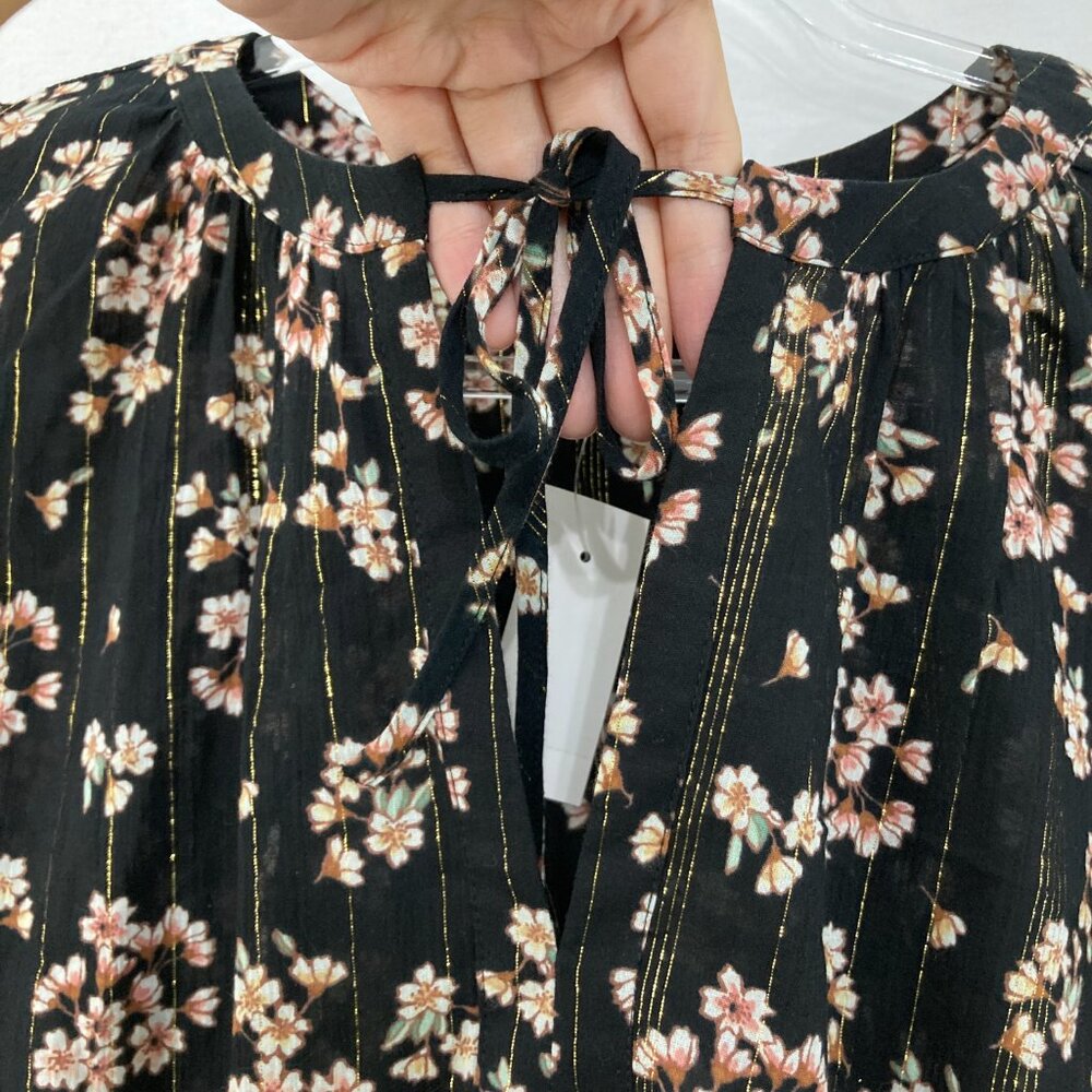New LOFT Large Dark Floral Tie Front Metallic Striped Long Sleeve Elegant Blouse - Picture 3 of 10
